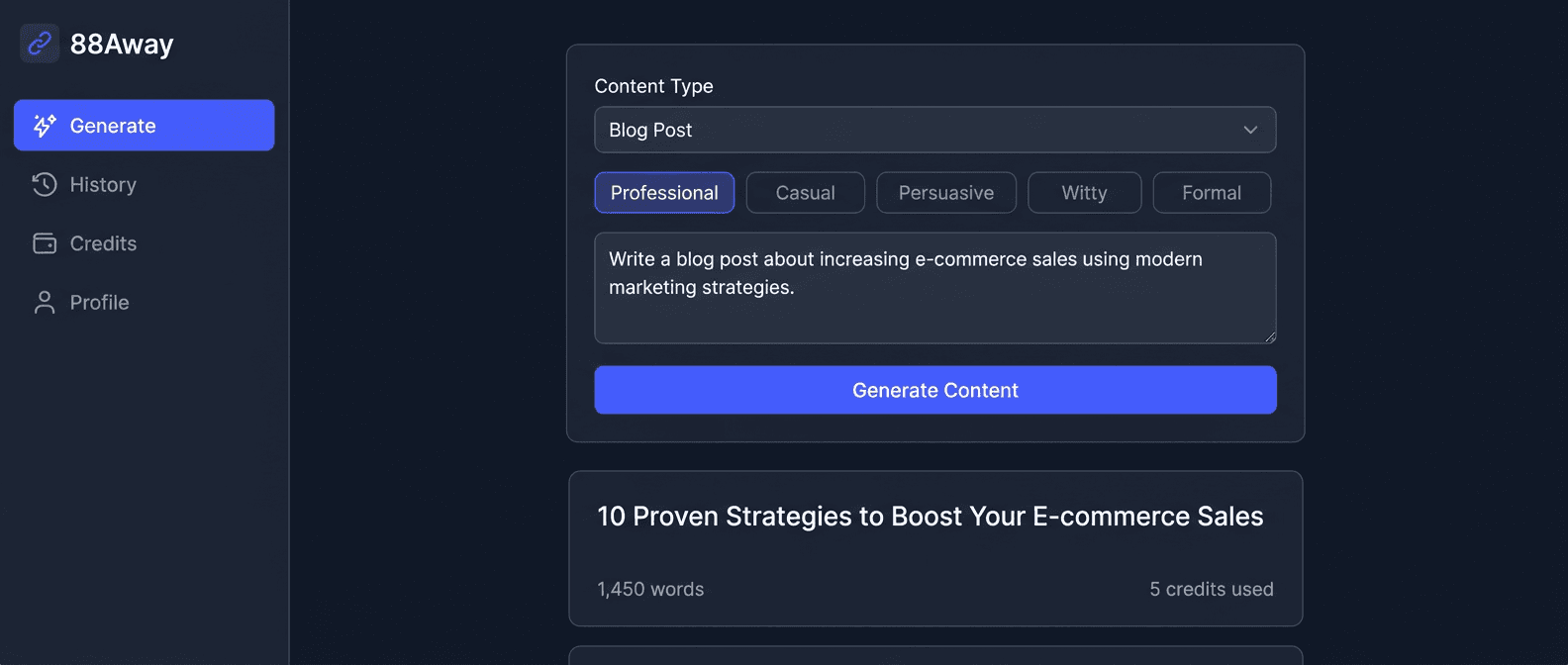 88Away AI content generator dashboard
